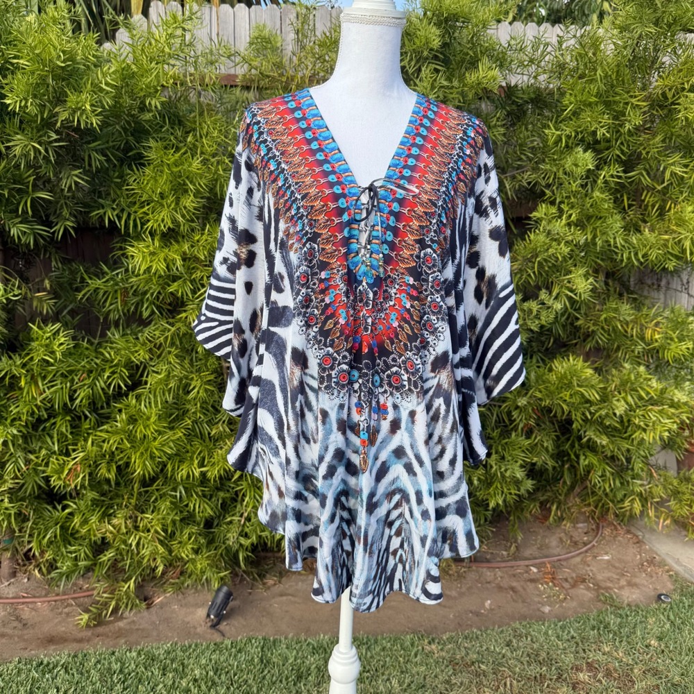 Sakkas Caftan Dress Cover Up Beach Tunic One Size White Animal Print - Picture 8 of 9